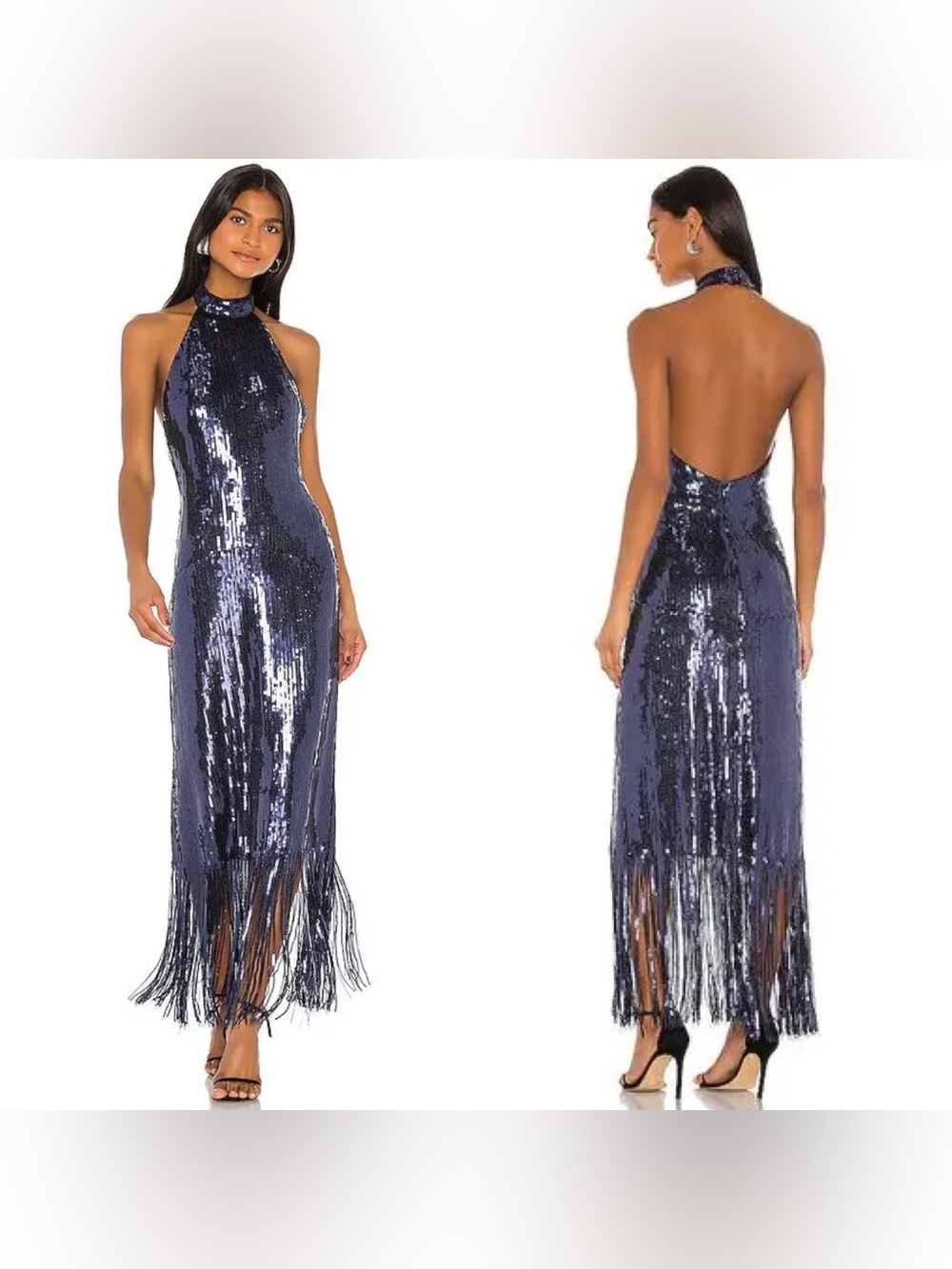 House Of Harlow 1960 X Revolve Sequined Maxi Dress With Fringe Size Medium Navy